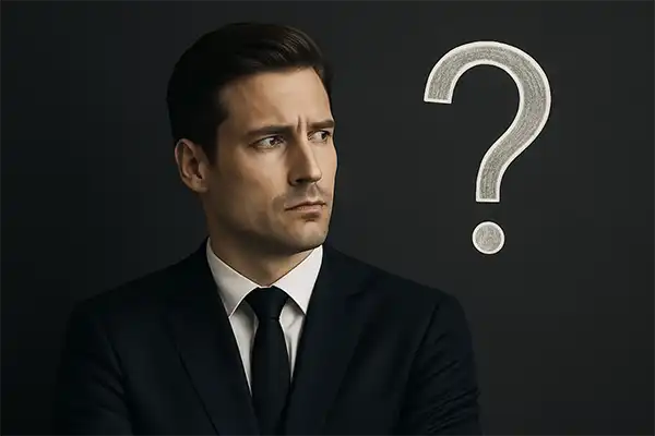 Mann in einem schwarzen Anzug mit einem nachdenklichen Ausdruck und einem großen Fragezeichen im Hintergrund.